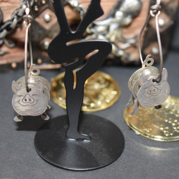 Vintage Jewelry - Pig Farm Animal 925 Pierced Earrings Dangle Smile